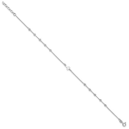 Sterling Silver RP Diamond-cut Beads & Cross Anklet