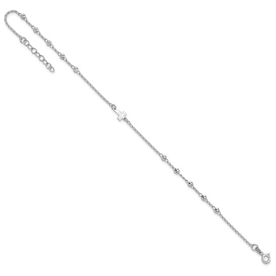 Sterling Silver RP Diamond-cut Beads & Cross Anklet
