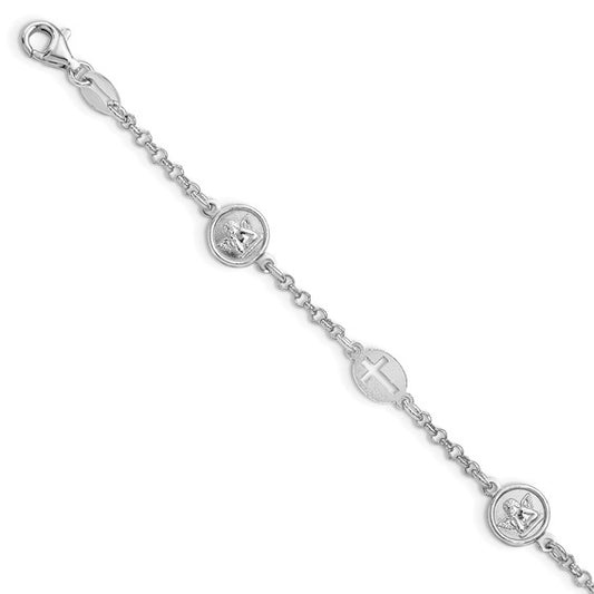 Sterling Silver Rhodium Plated Cross & Angel Bracelet