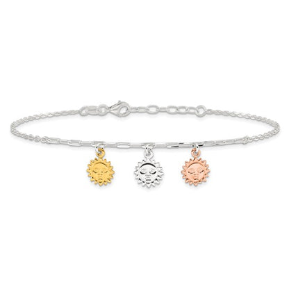 Sterling Silver Rose-tone and Gold-tone Suns Anklet