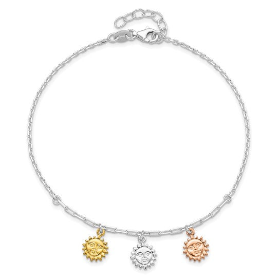 Sterling Silver Rose-tone and Gold-tone Suns Anklet