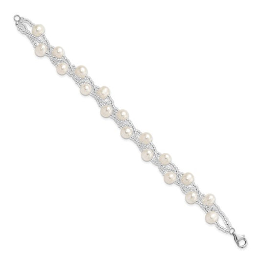 Sterling Silver Rhodium 7-9mm FWC Pearl & Glass Beaded Multi-strnd Bracelet