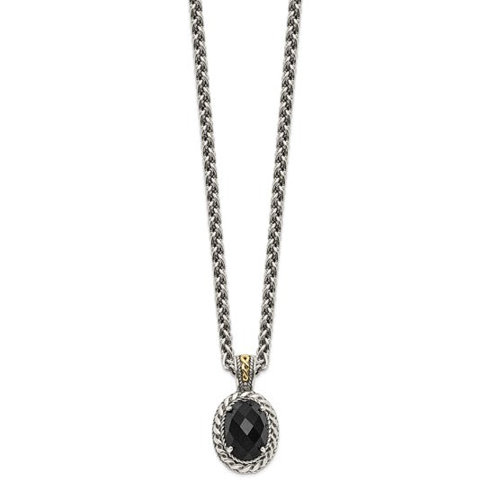 Shey Couture Sterling Silver with 14K Accent 18 Inch Antiqued Checkerboard-cut Black Onyx Necklace