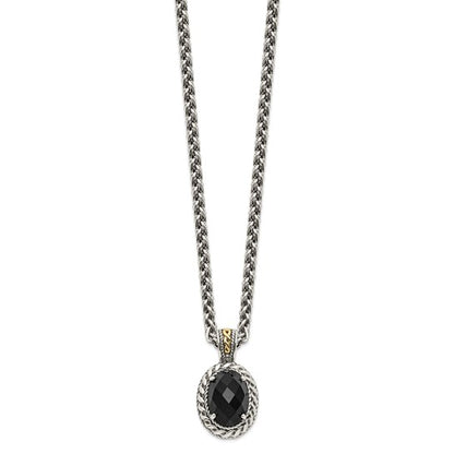 Shey Couture Sterling Silver with 14K Accent 18 Inch Antiqued Checkerboard-cut Black Onyx Necklace