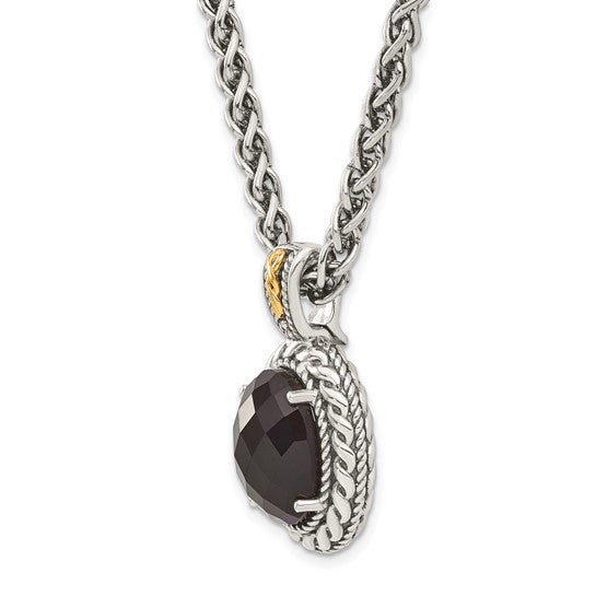 Shey Couture Sterling Silver with 14K Accent 18 Inch Antiqued Checkerboard-cut Black Onyx Necklace