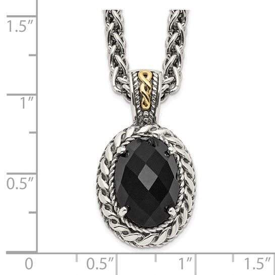 Shey Couture Sterling Silver with 14K Accent 18 Inch Antiqued Checkerboard-cut Black Onyx Necklace