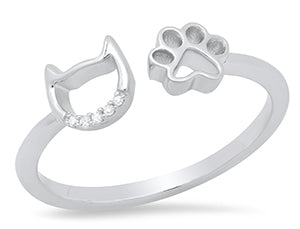 Sterling Silver Diamond Cat Head/Paw Print Ring