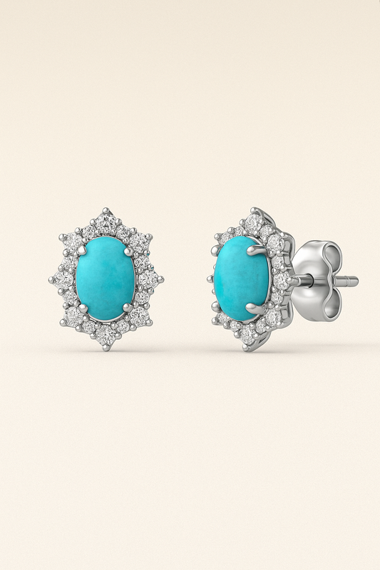 10K White Gold Oval Turquoise & Diamond Earrings
