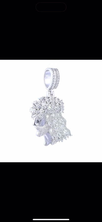 Sterling Silver Men's Baguette Round Cubic-Zirconia Jesus Religious Charm Pendant
