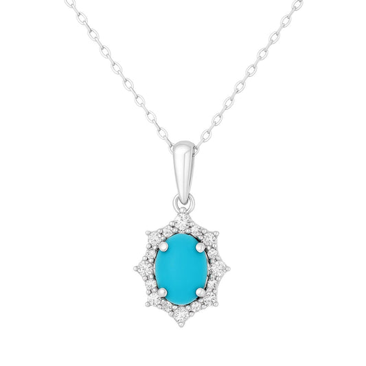 10K White Gold Oval Turquoise & Diamond Pendant