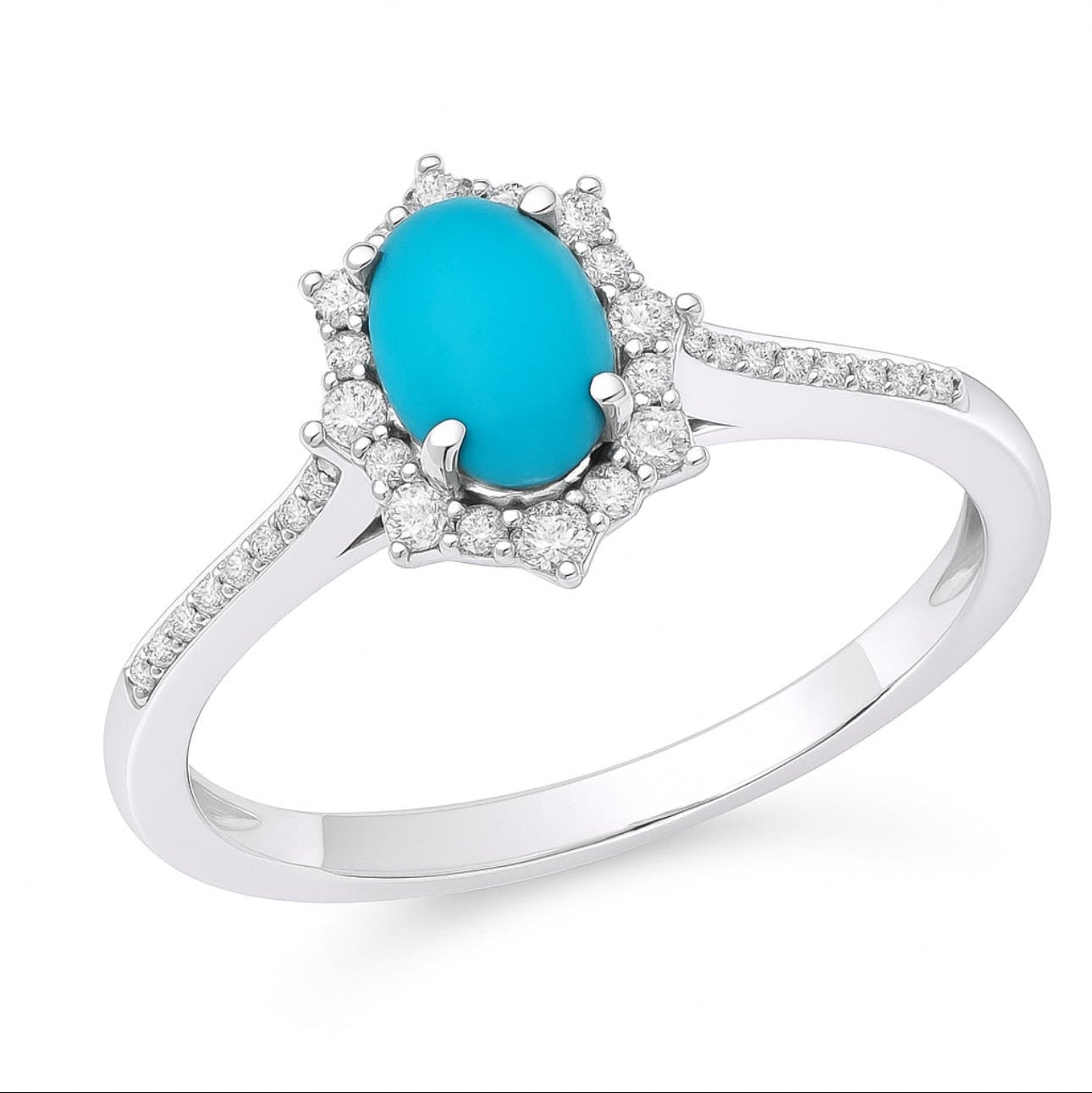 10K White Gold Oval Turquoise & Diamond Ring