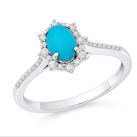 10K White Gold Oval Turquoise & Diamond Ring