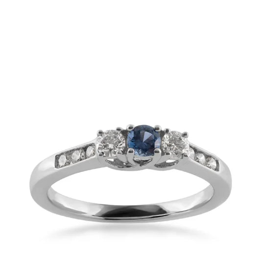 14K White Gold 3 Stone YOGO Sapphire & Diamond Ring