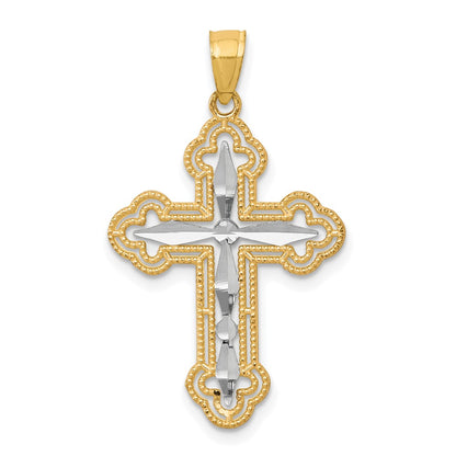 10K w/ Rhodium Diamond-Cut Cross Pendant