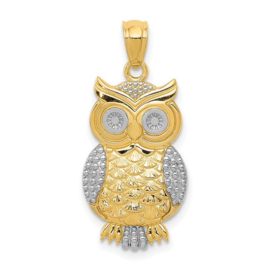 10K & Rhodium Polished & Textured Owl Pendant