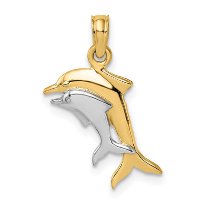 10K Gold w/ Rhodium 2-D Polished Dolphins Charm