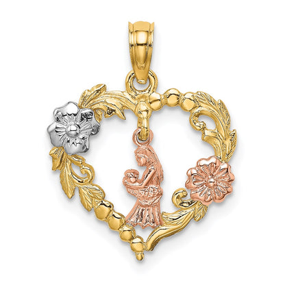 14k Two-tone White Rhodium Motherly Love w/ Flowers In Heart Charm