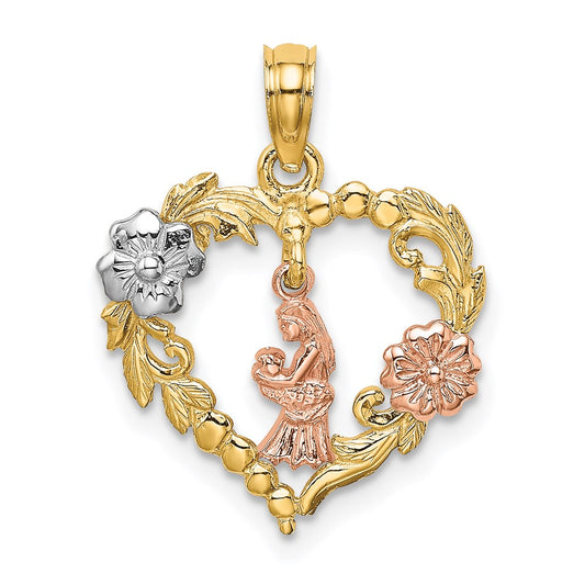 14k Two-tone White Rhodium Motherly Love w/ Flowers In Heart Charm