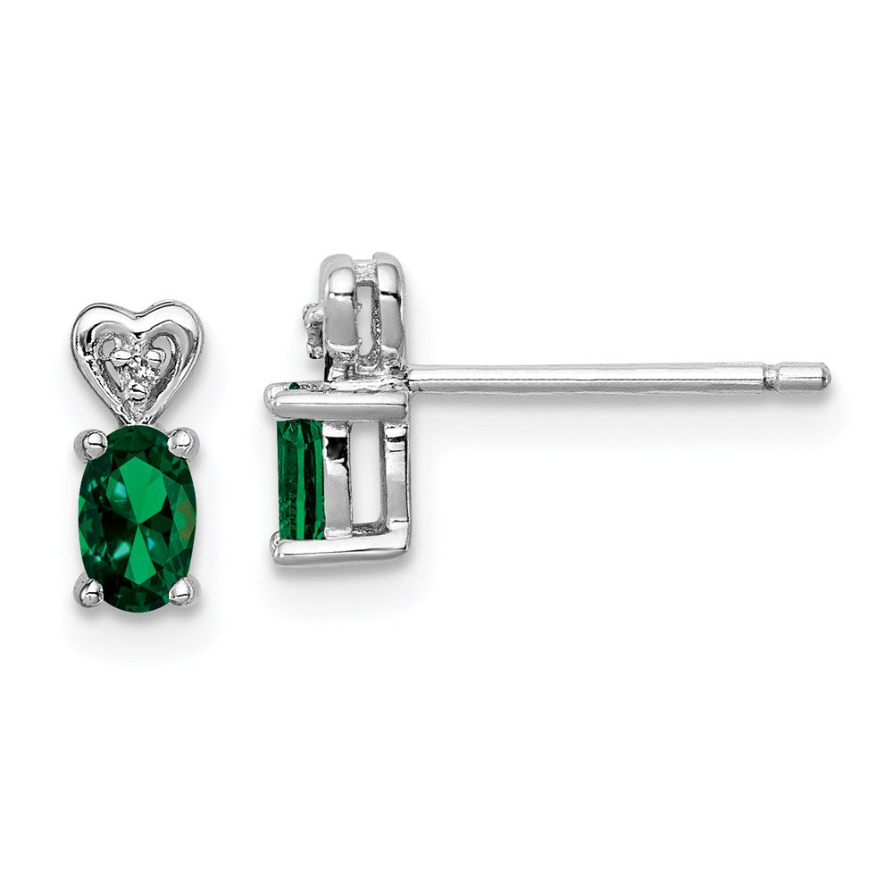 Sterling Silver Rhodium-plated Created Emerald & Diamond Earrings