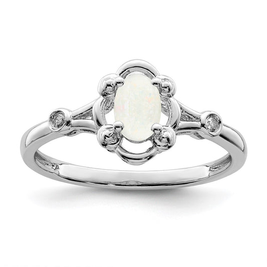 Sterling Silver Rhodium-plated Created Opal & Diamond Ring