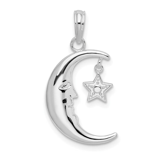 Sterling Silver Moveable Polished Crescent Moon w/Star Pendant