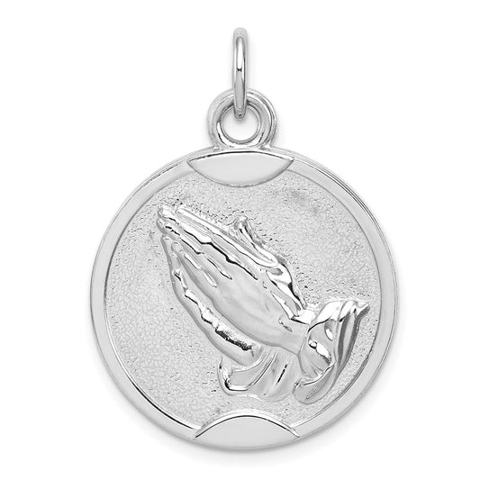 Sterling Silver Rhodium-plated Praying Hands Serenity Prayer on Back Medal