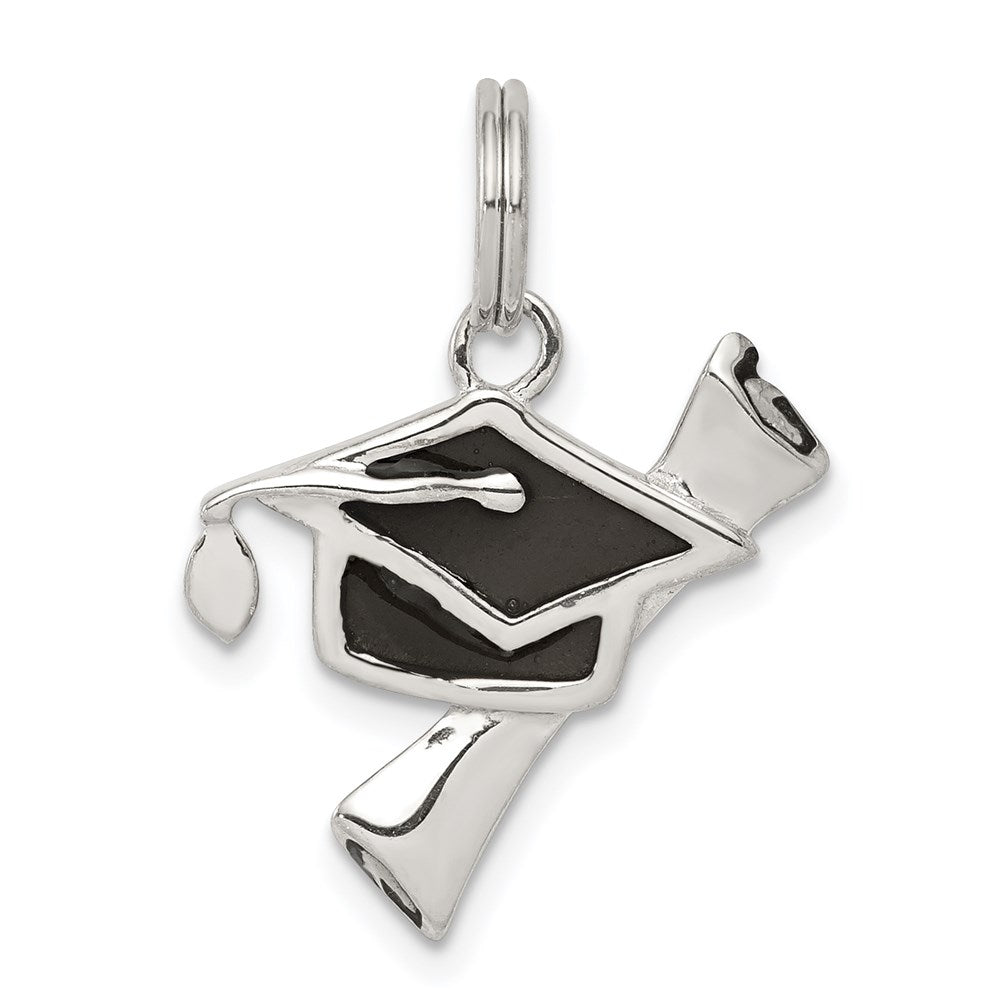 Sterling Silver Rhodium Black Enamel Graduation Cap/Diploma Charm