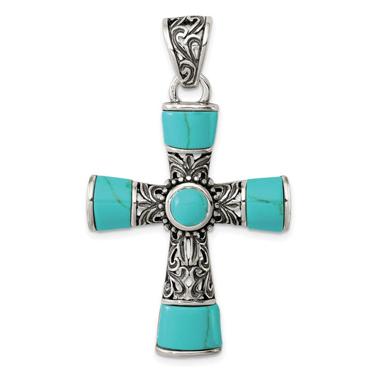 Sterling Silver Synthetic Turquoise Antiqued Cross Pendant