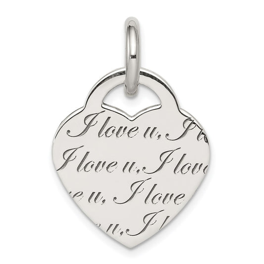 Sterling Silver Antiqued Polished 'I Love u' Engraved Heart Pendant