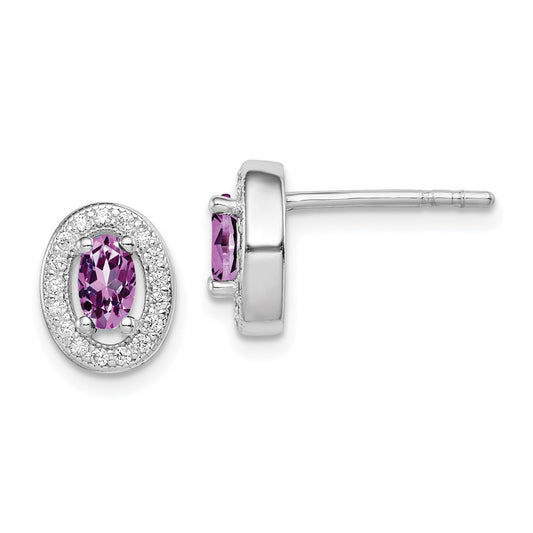 Sterling Silver Rhodium June Purple and White CZ Oval Post Earrings