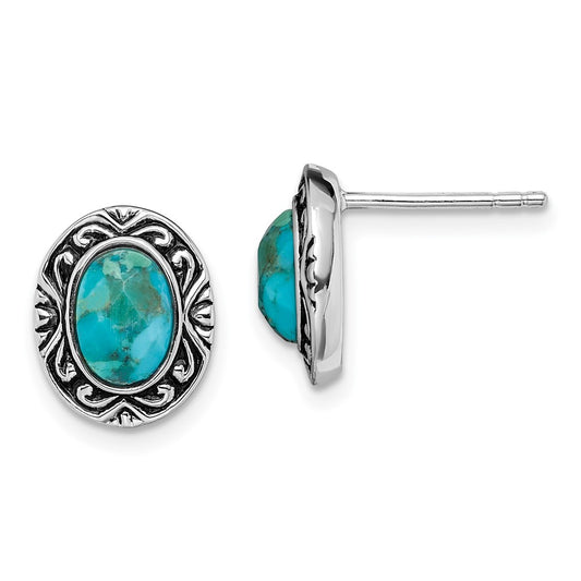 Sterling Silver Rhodium/Oxidized w/Recon. Turquoise Post Earrings