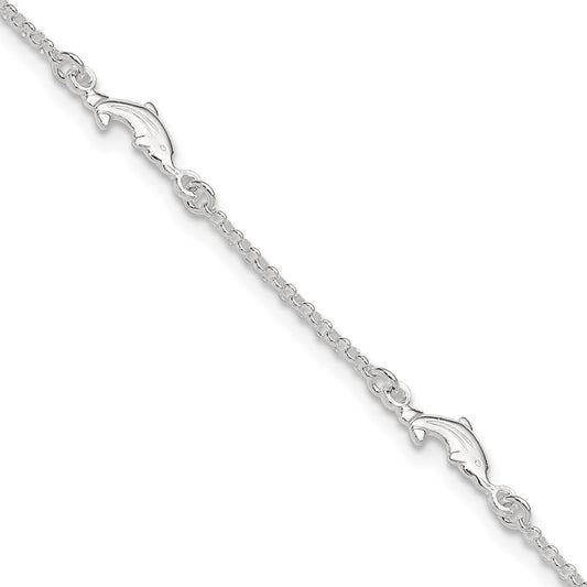 Sterling Silver Polished Dolphin 9in Plus1in Ext. Anklet