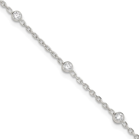 Sterling Silver Rhodium-plated Polished w/CZ 10in Plus 1in ext. Anklet