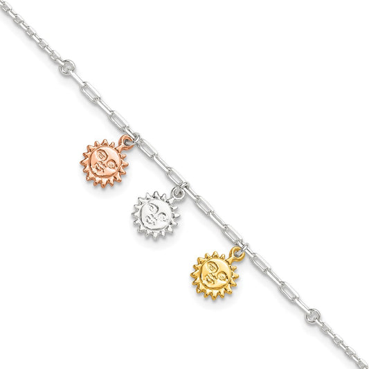 Sterling Silver Rose-tone and Gold-tone Suns 9in Plus 1in Ext. Anklet