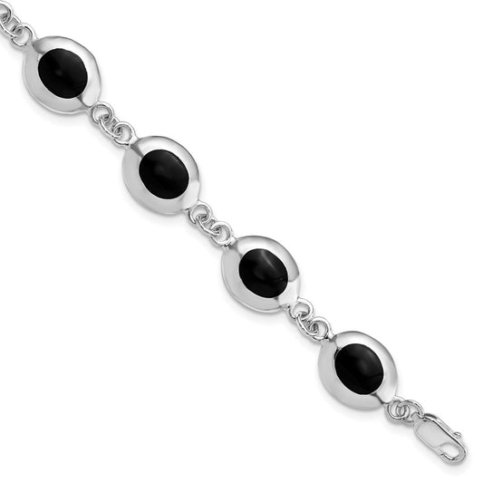 Sterling Silver Rhodium-plated Fancy Polished Onyx Bracelet