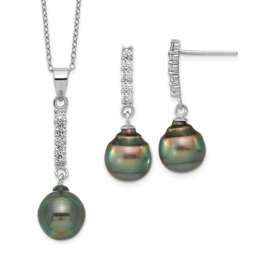 Sterling Silver 9-10mm Tahitian Saltwater Pearl CZ Earring & Necklace Set