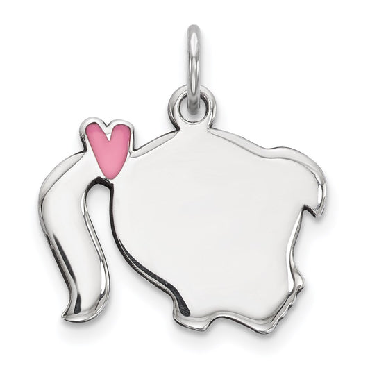 Sterling Silver Rhodium Pink Enamel Right Facing Girl Head Disc Charm