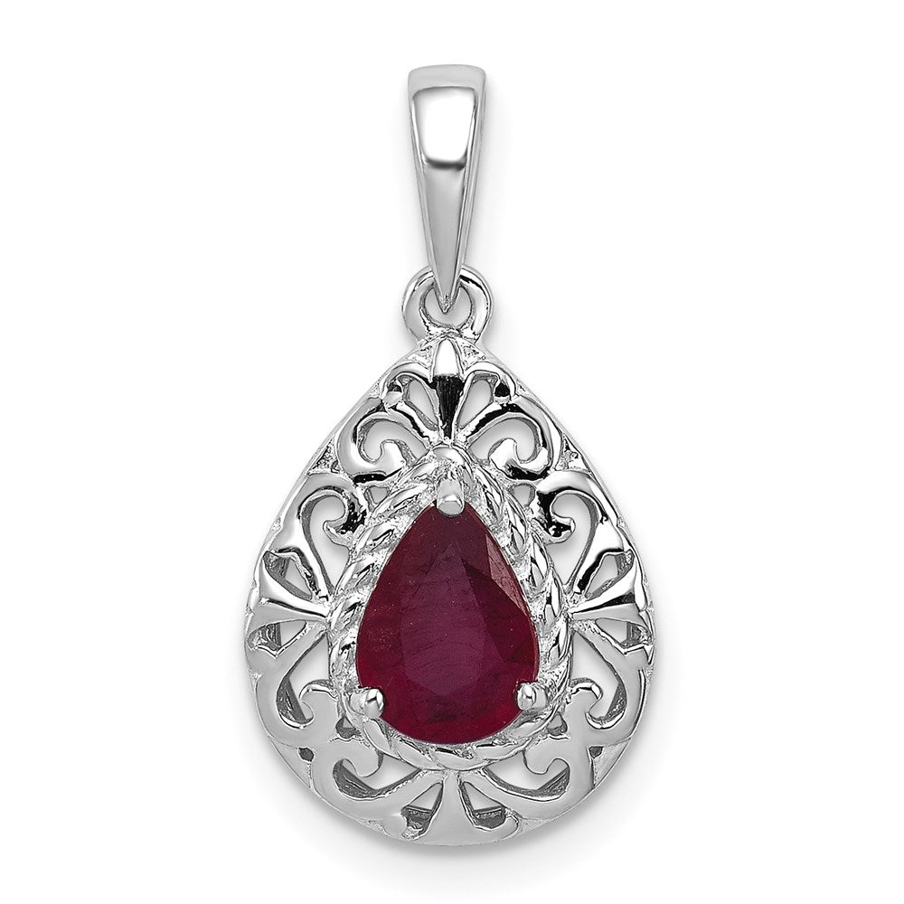 Sterling Silver Rhodium Plated Ruby Teardrop Pendant