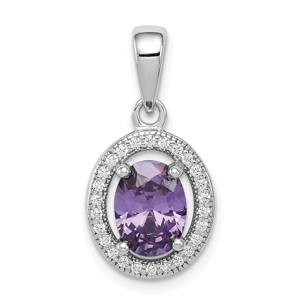 Sterling Silver Rhodium Purple and White CZ Oval Pendant