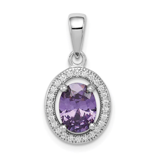 Sterling Silver Rhodium Purple and White CZ Oval Pendant