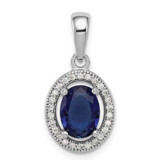 Sterling Silver Rhodium Dark Blue and White CZ Oval Pendant