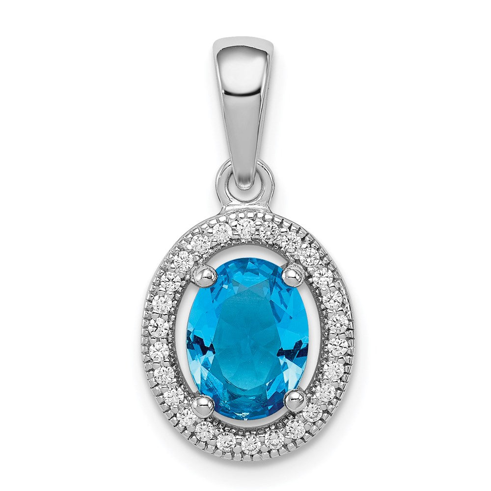 Sterling Silver Rhodium Blue and White CZ Oval Pendant