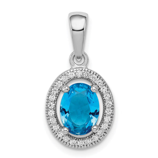 Sterling Silver Rhodium Blue and White CZ Oval Pendant