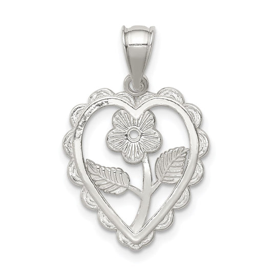 Sterling Silver Polished Mini Floral Center Heart Pendant