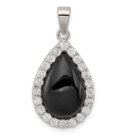 Sterling Silver Rhodium-plated CZ and Onyx Tear drop Pendant