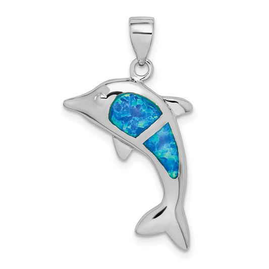 Sterling Silver Rhodium-plated Created Blue Opal Dolphin Pendant
