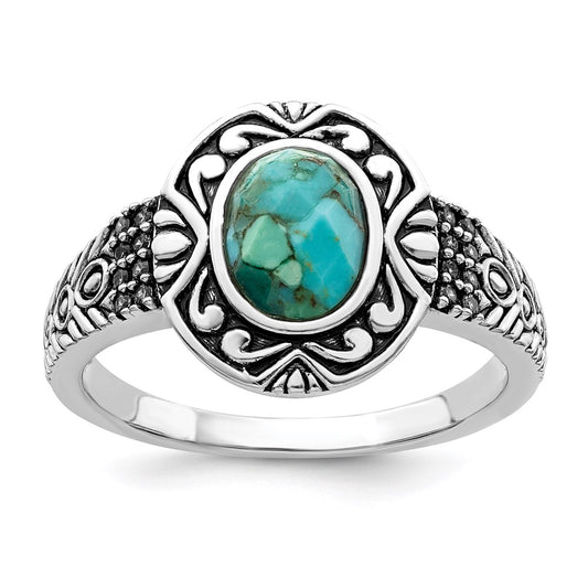 Sterling Silver Rhodium-plated Oxidized Faceted Recon. Turquoise Ring