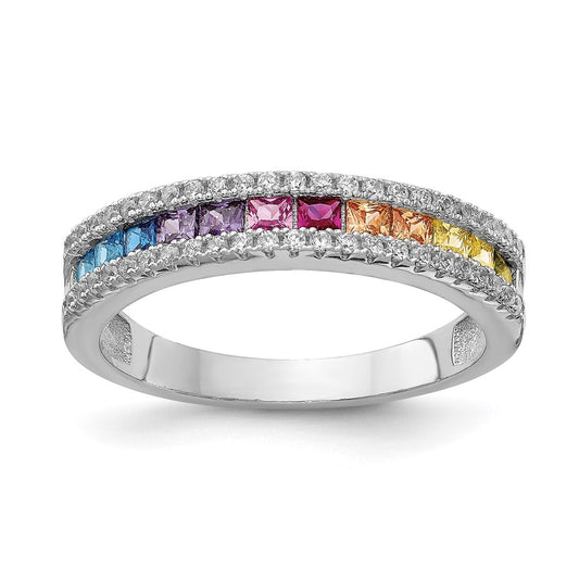 Prizma Sterling Silver Rhodium-plated Princess White and Colorful Channel-Set CZ Ring