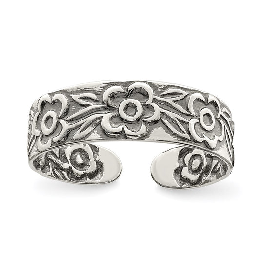 Sterling Silver Antiqued Flowers Toe Ring
