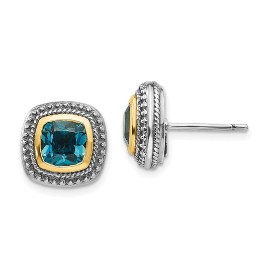 Shey Couture Sterling Silver with 14K Accent Antiqued Cushion London Blue Topaz Post Earrings